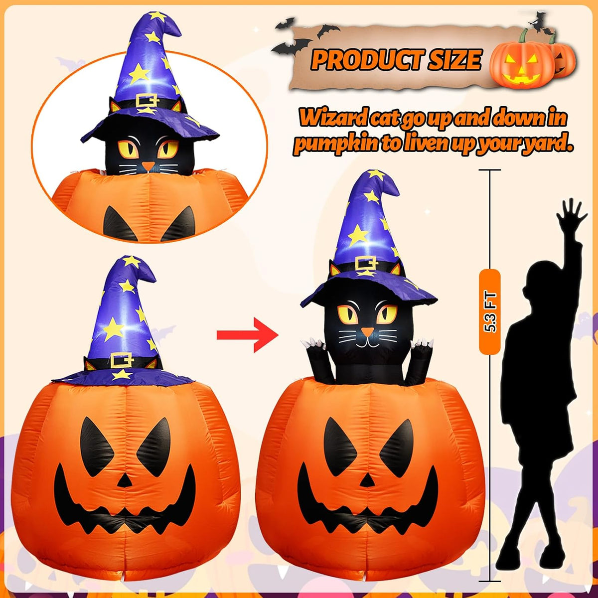 5.3 FT Halloween Inflatable Animated Witch Cat in Pumpkin, Blow Up Yard Decorations with Build-in LEDs Lighted Decor