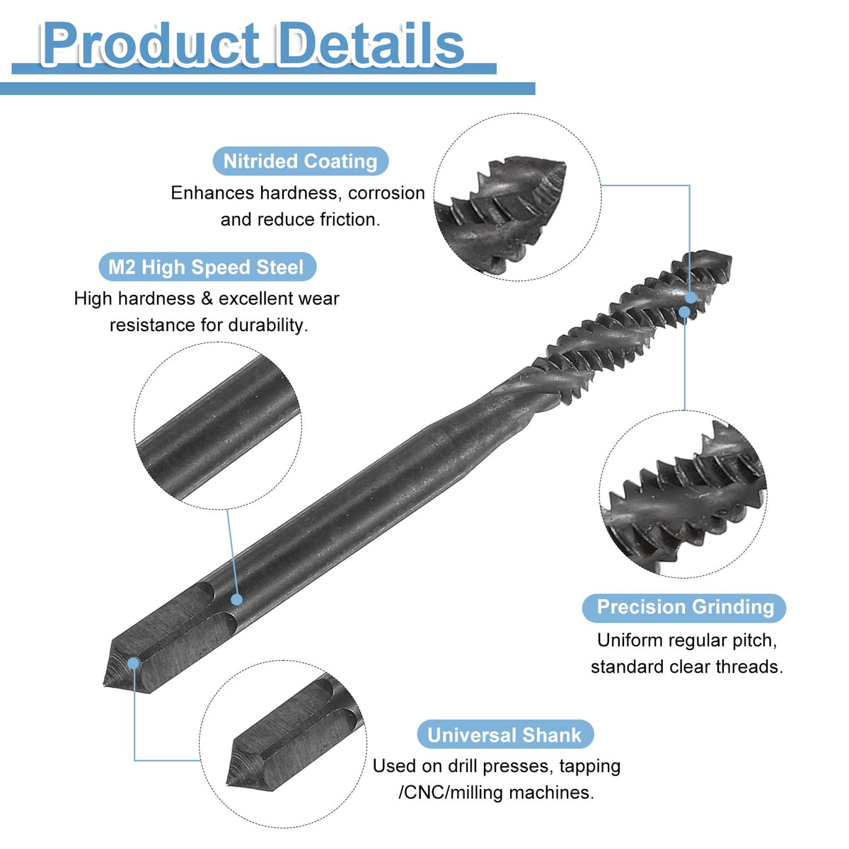 uxcell Spiral Flute Thread Taps 3/16-24 UNC 2B Machine Threading Tap Bit, Nitrided Coated Screw Tapping Repair Tool, M2 High-Speed Steel (HSS)