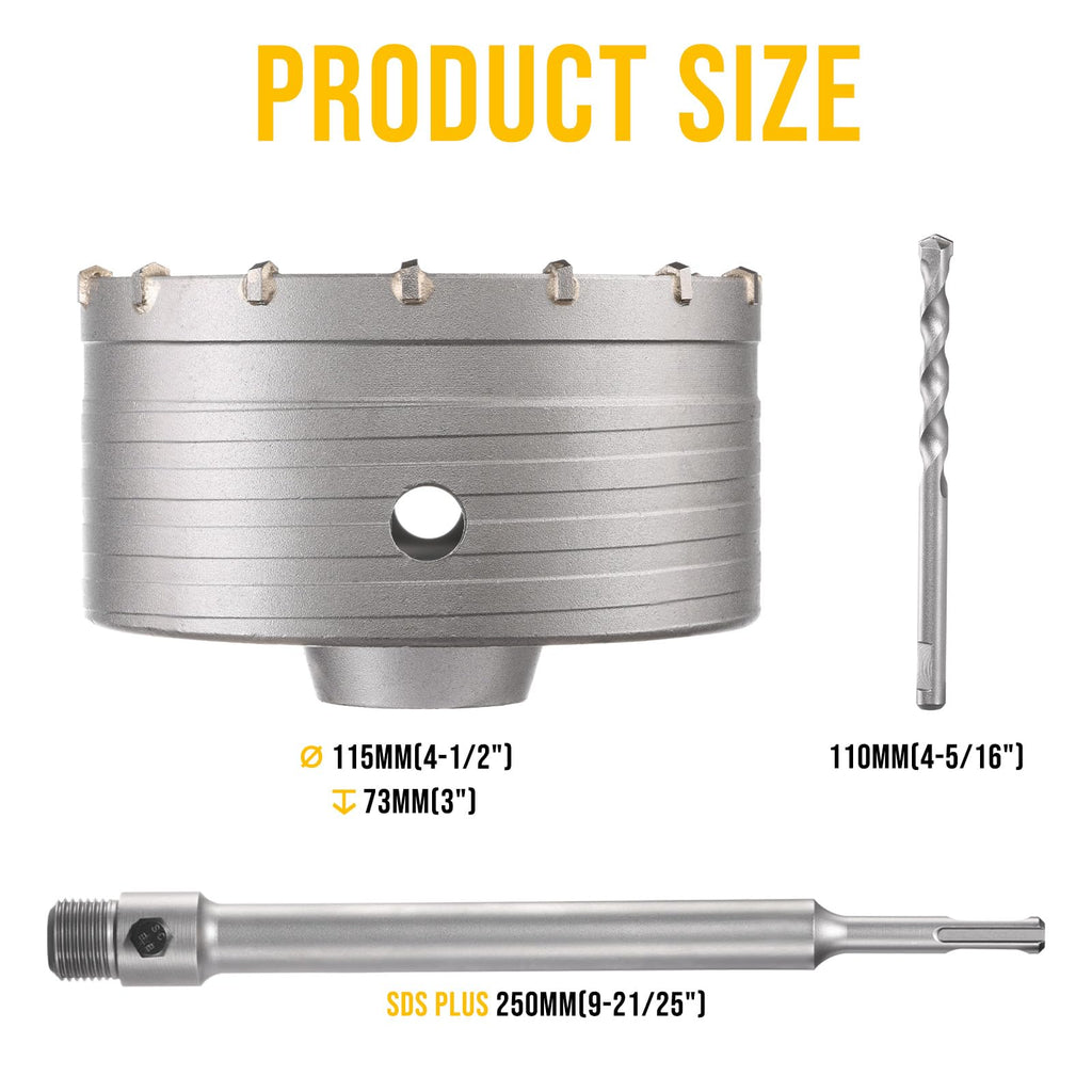 TGFTGF 4-1/2" Concrete Hole Saw Kit, Tungsten Carbide Masonry Hole Saw Kit with 9-27/32" SDS Plus Bit Shank Drill Bit Sets for Concrete, Brick, Stone, Cement, Tile, Wall Drilling