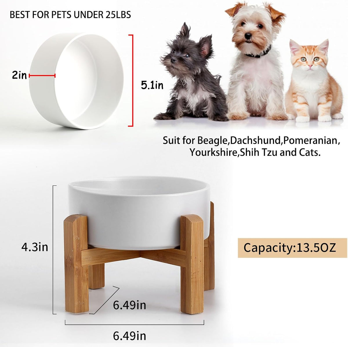 White Elevated/Raised Ceramic Dog Bowl for Small Breeds, Dog Food Water Dish with Stand,Pet Feeding Bowl with Anti