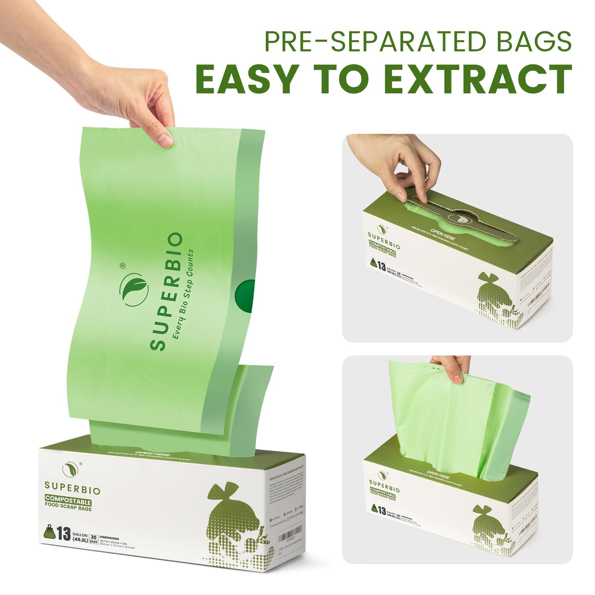 13 Gallon Compostable Drawstring Kitchen Waste Bags, 30 Count