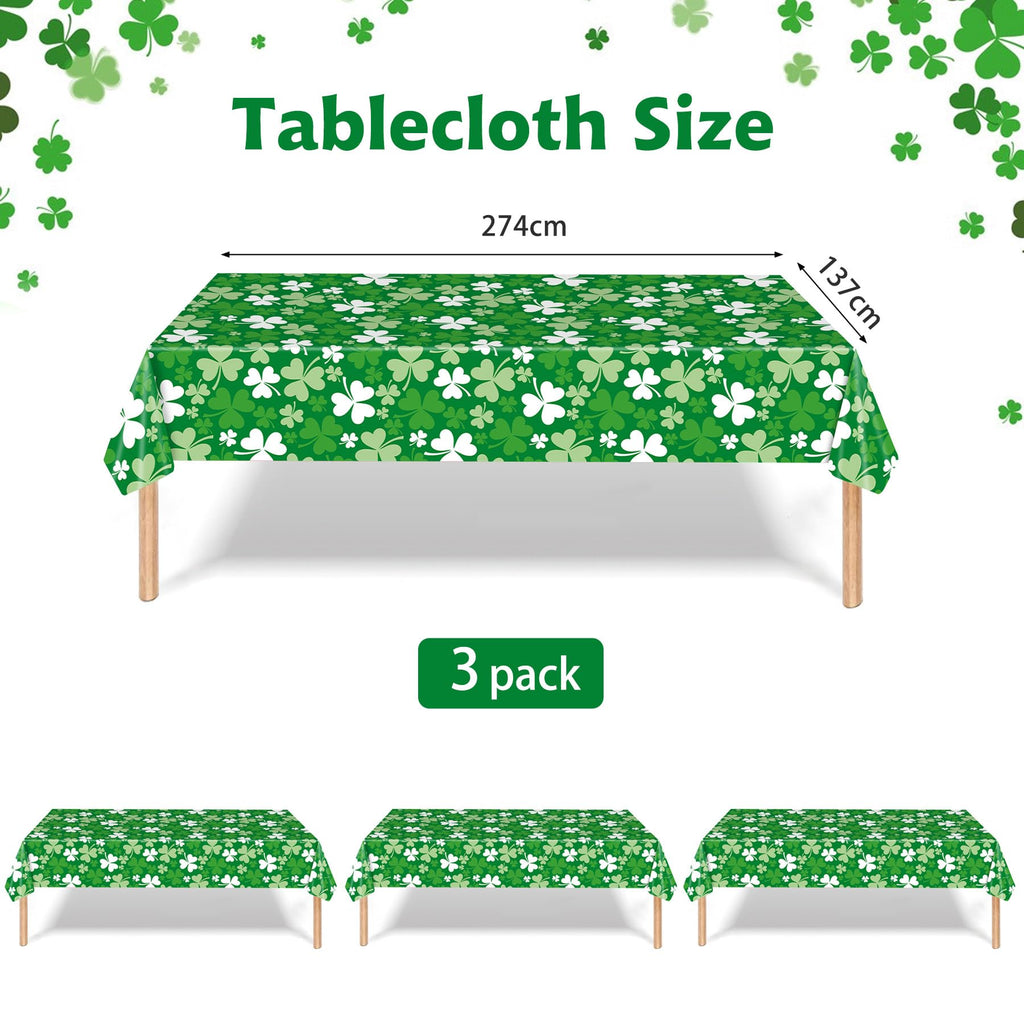 3 PCS St. Patrick’s Day Tablecloth, Green Shamrock Disposable Plastic Rectangle Table Covers for Irish Clover