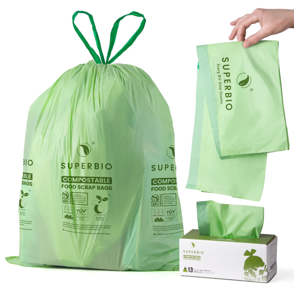 13 Gallon Compostable Drawstring Kitchen Waste Bags, 30 Count