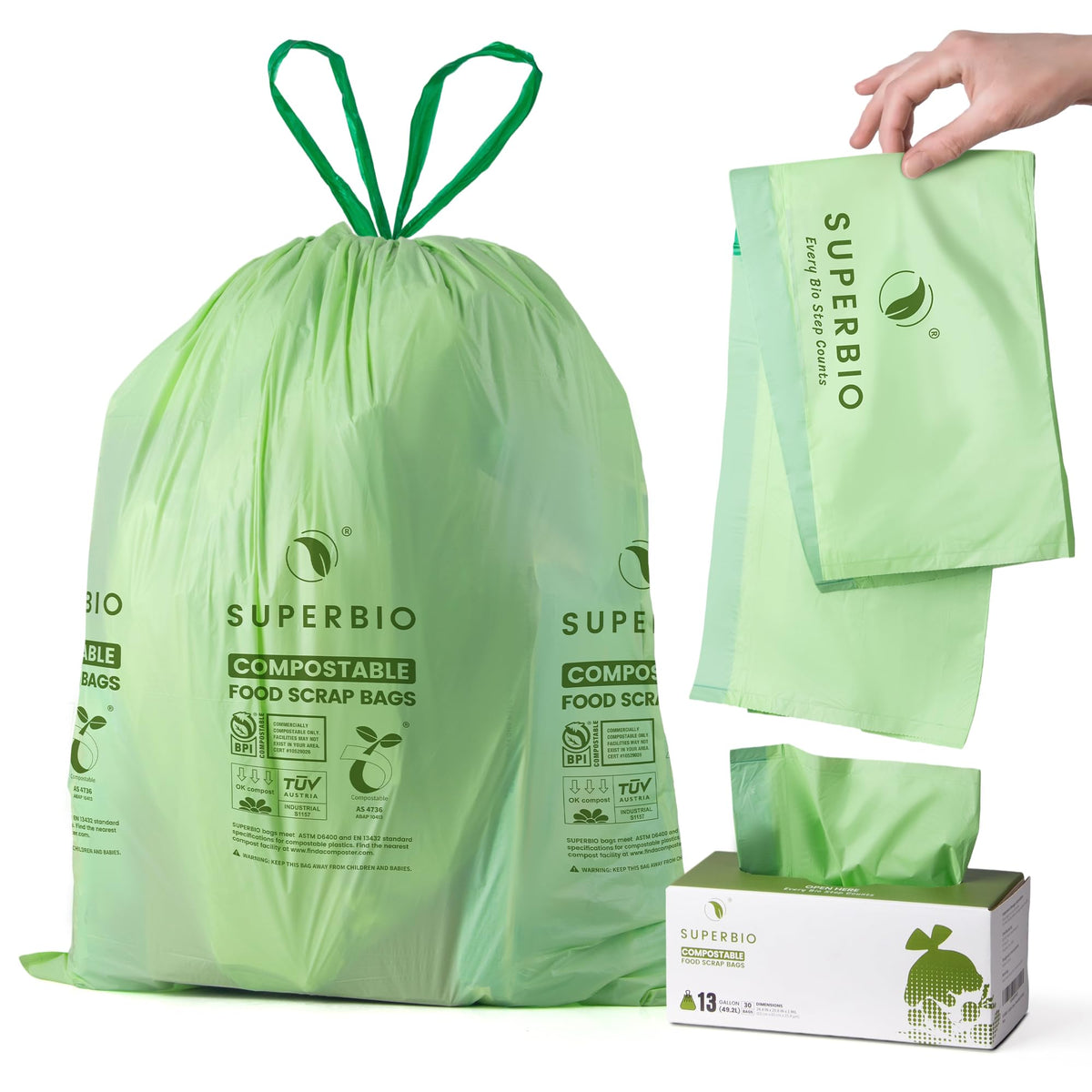 13 Gallon Compostable Drawstring Kitchen Waste Bags, 30 Count