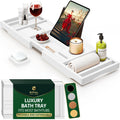 Premium Foldable Bathtub Tray Caddy - Wood Bath Tray for Tub, Bamboo Shelf, Expandable Bath Table Trays, Bathtub &