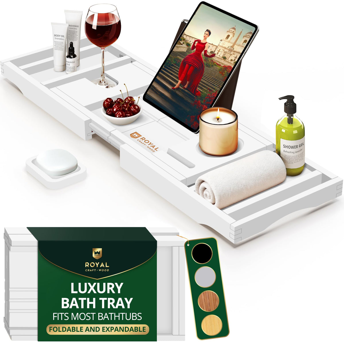 Premium Foldable Bathtub Tray Caddy - Wood Bath Tray for Tub, Bamboo Shelf, Expandable Bath Table Trays, Bathtub &
