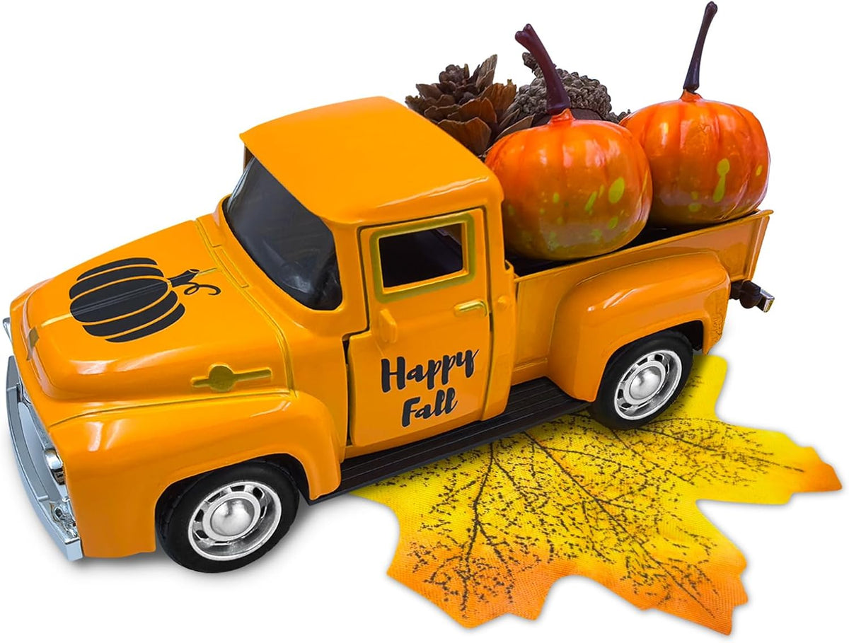 Thanksgiving Fall Decorations Indoor Farmhouse Vintage Metal Truck | Mini Fake Pumpkins Acorn Pine Cones Harvest