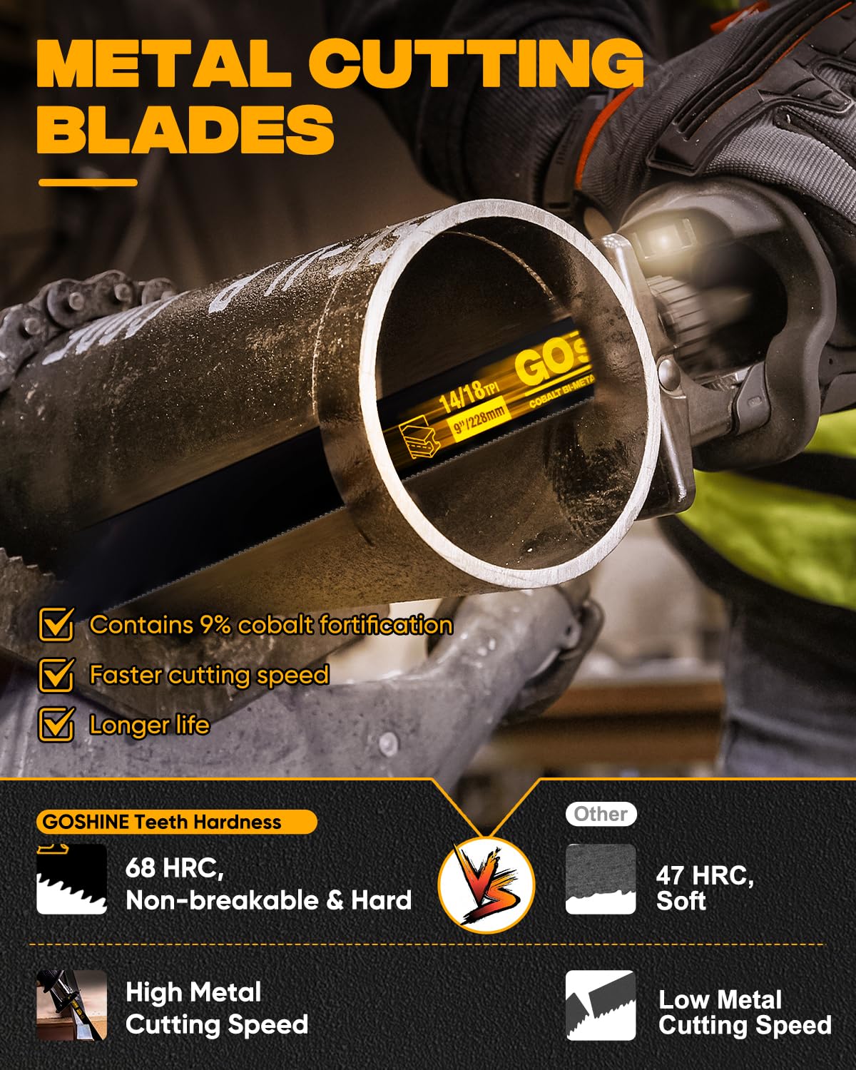 10 Pack 9 inch 14/18TPI Reciprocating Saw Blades, M42 Teeth with 9% Cobalt Bi-Metal Blades,for Automatic Dismantling Sawzall Blades for 1/16-5/16 Medium Metals