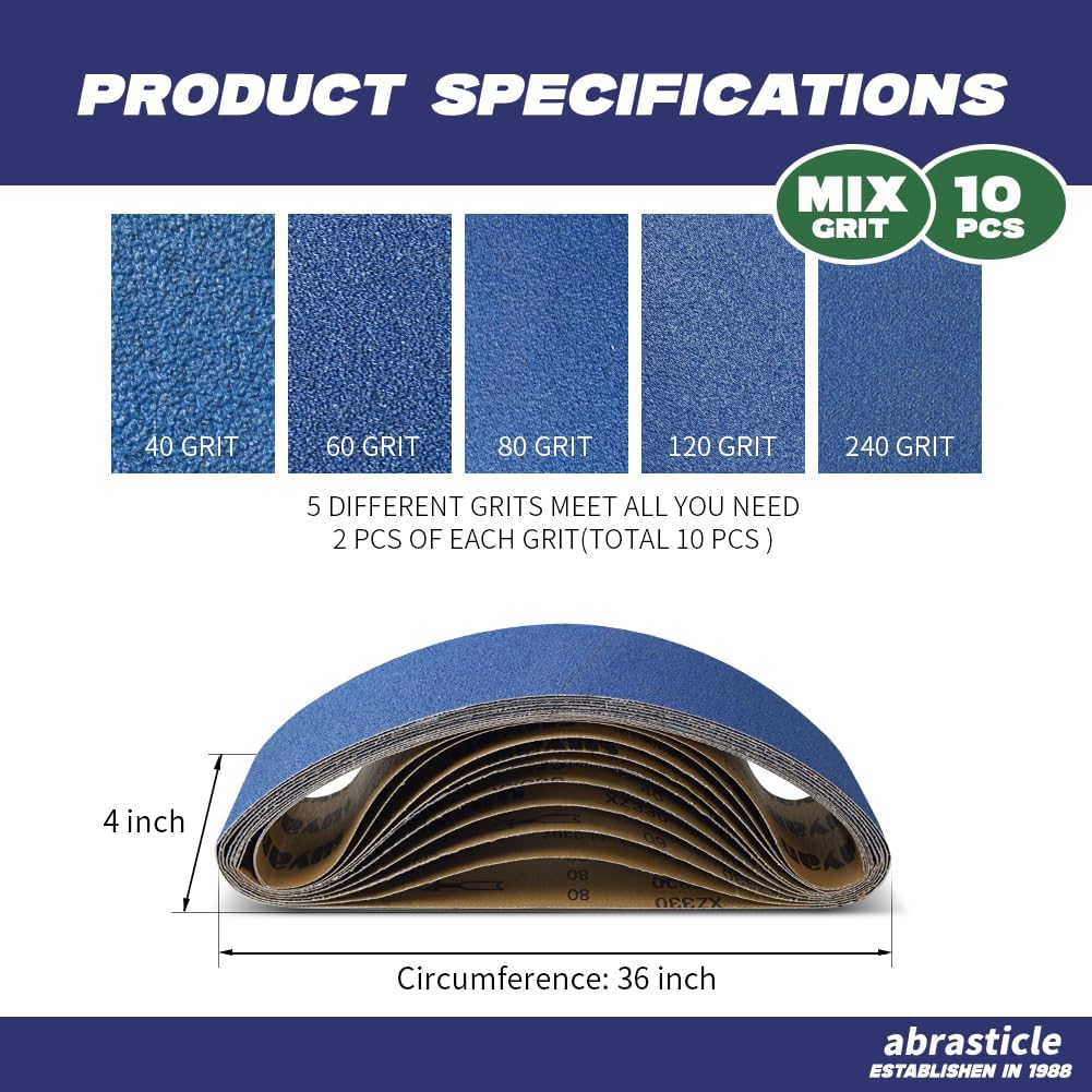 4" x 36" Zirconia Sanding Belts for Metal - 4 x 36 Inch Zirconia Metal Grinding Sand Paper, 10 PCS 2 Each of 40/60/80/120/240 Assorted Grits, Perfect for Metal Polishing, Derusting, Woodworking