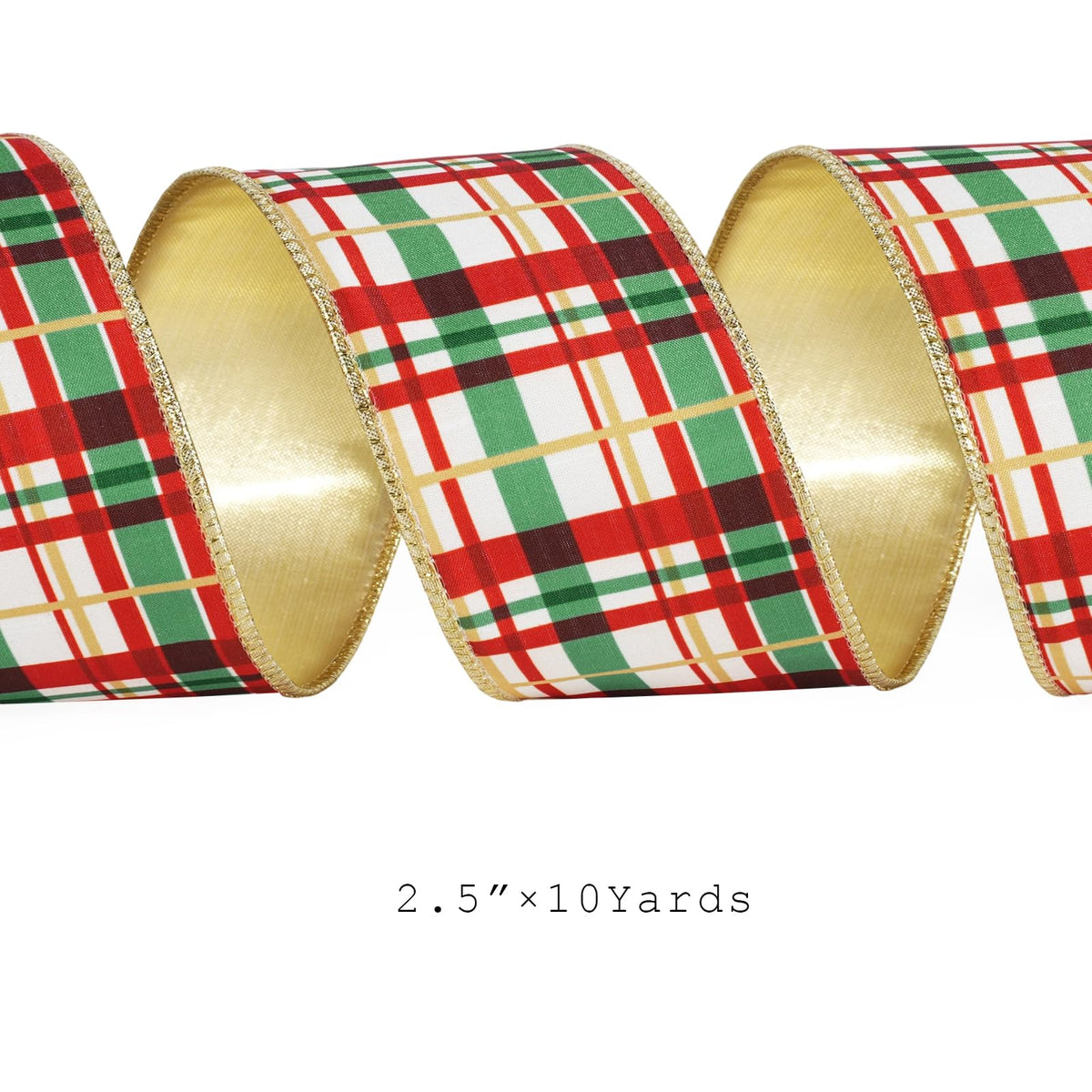 Red Green Plaid Wired Christmas Ribbon, Gold Metallic Back