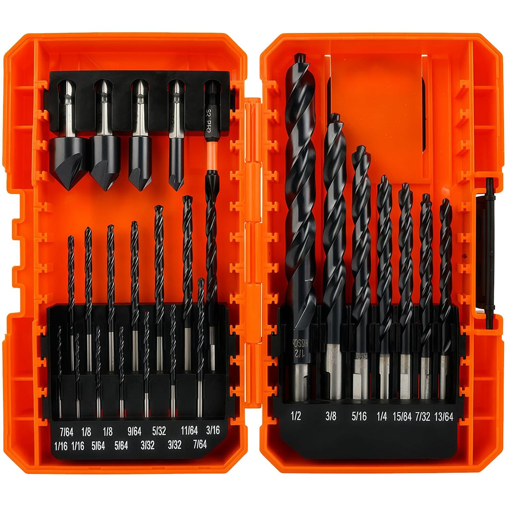 Luckyway 25PCS Cobalt Drill Bit 1/16"-1/2", Countersink Drill Bit 1/4"-5/8"