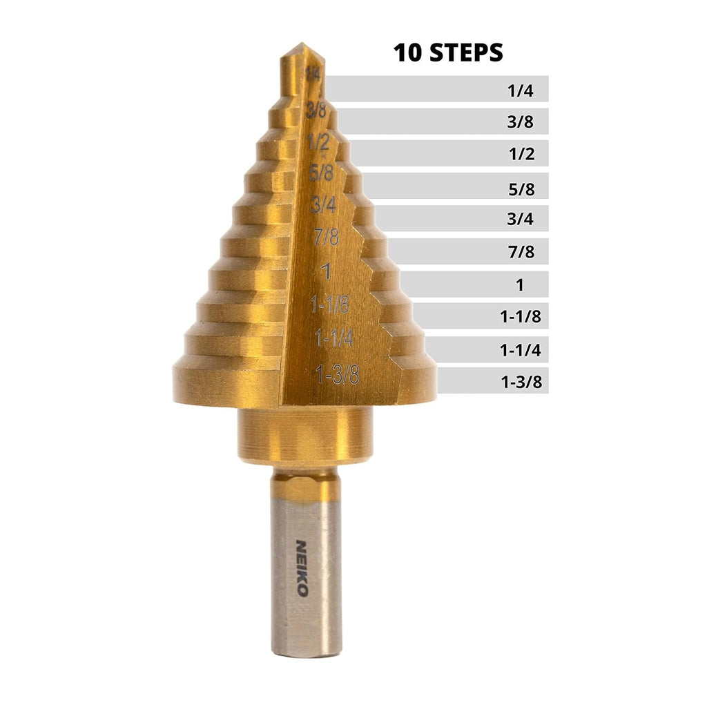 NEIKO 10194A Step Drill Bit, 10 Steps 1/4” to 1 3/8” Straight High Speed Steel, Titanium Nitride Coated, 3/8” Tri Flat Step Bits for Steel, Metal, Wood, Plastic, Unibit Cone Drill Bits, Two Flute