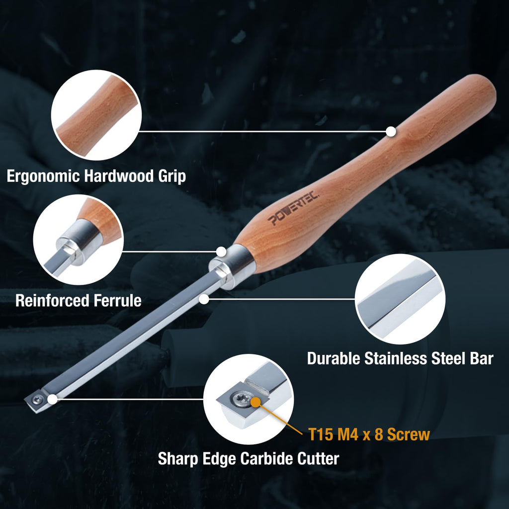 POWERTEC 3 Pcs Carbide Lathe Tools for Woodturning, Wood Lathe Tools with Flat Edge Square, Round and Diamond, T15 Star Key Wrench, Lathe Tools with Replaceable Blade (71825)