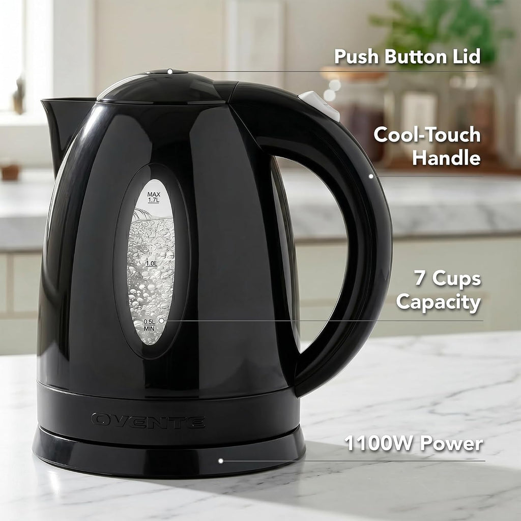 1.7L Electric Tea Kettle, 1100W BPA-Free Water Boiler, Black KP72B | Fast Boiling, Auto Shut-Off, Boil-Dry