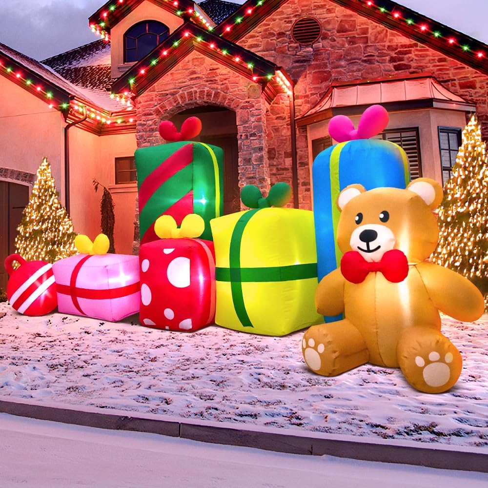 10FT Giant Christmas Inflatables Outdoor Decorations Gift Boxes and Bear