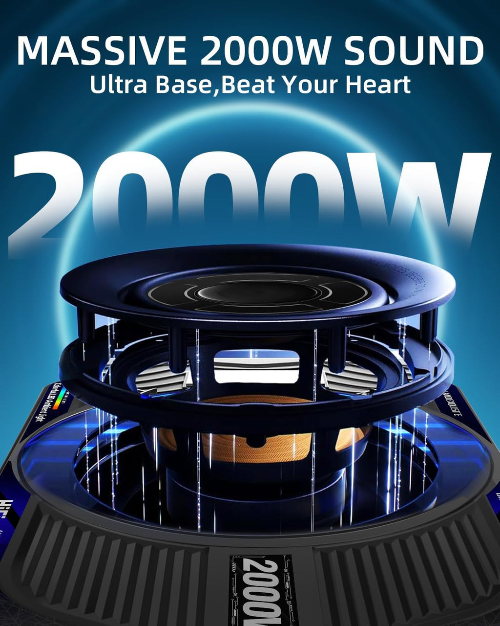 2000W 10 Inch Underseat Car Subwoofer and Amp Package, Slim Powered Under Seat Sub with Built-in Class D Amp, RGB