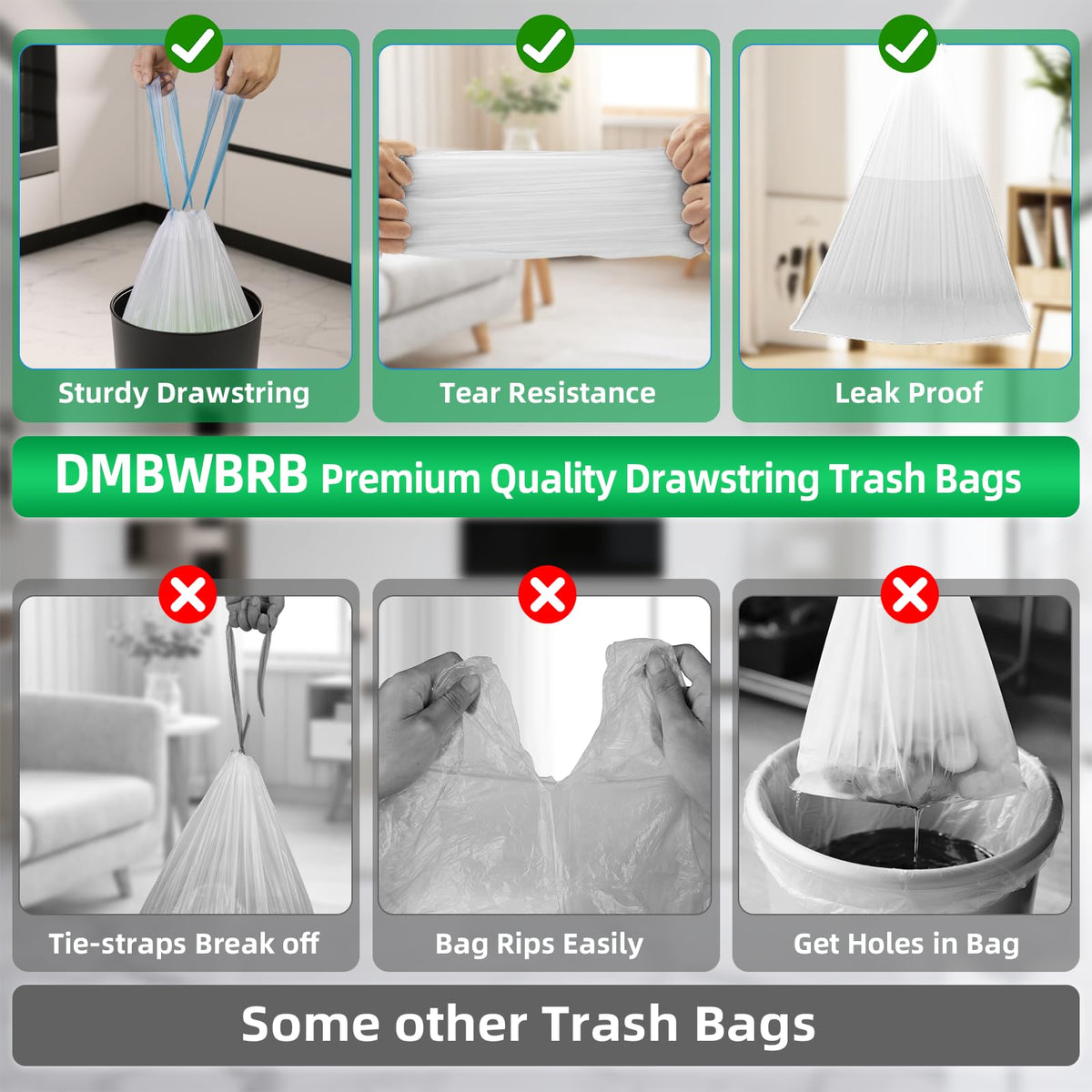 2 Gal Small Trash Bags, Unscented Drawstring, 200 Ct for Bathroom