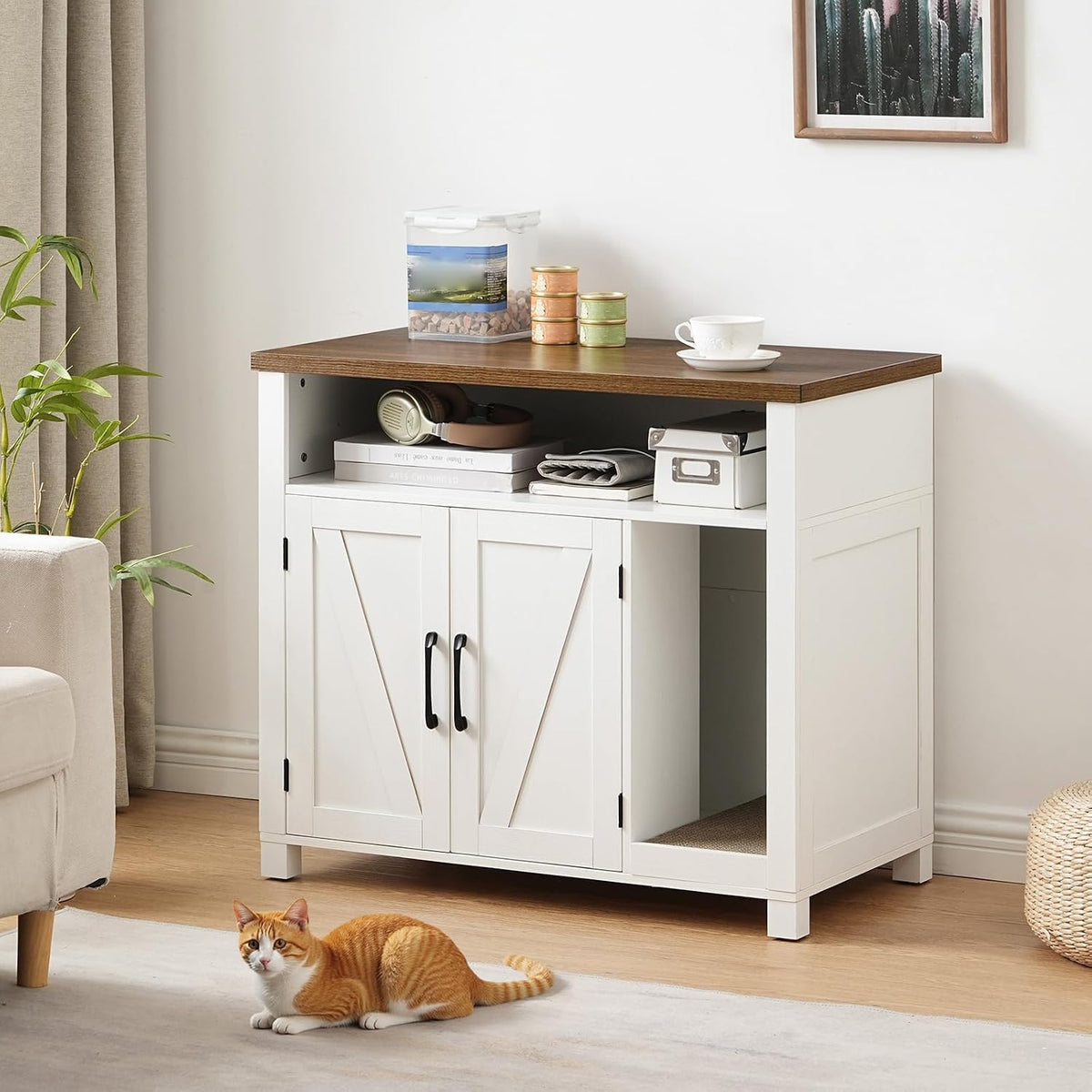 Cat Litter Box Enclosure, Farmhouse Hidden Litter Box with Scratch Pad, Litter Box Furniture with Storage Layer, End