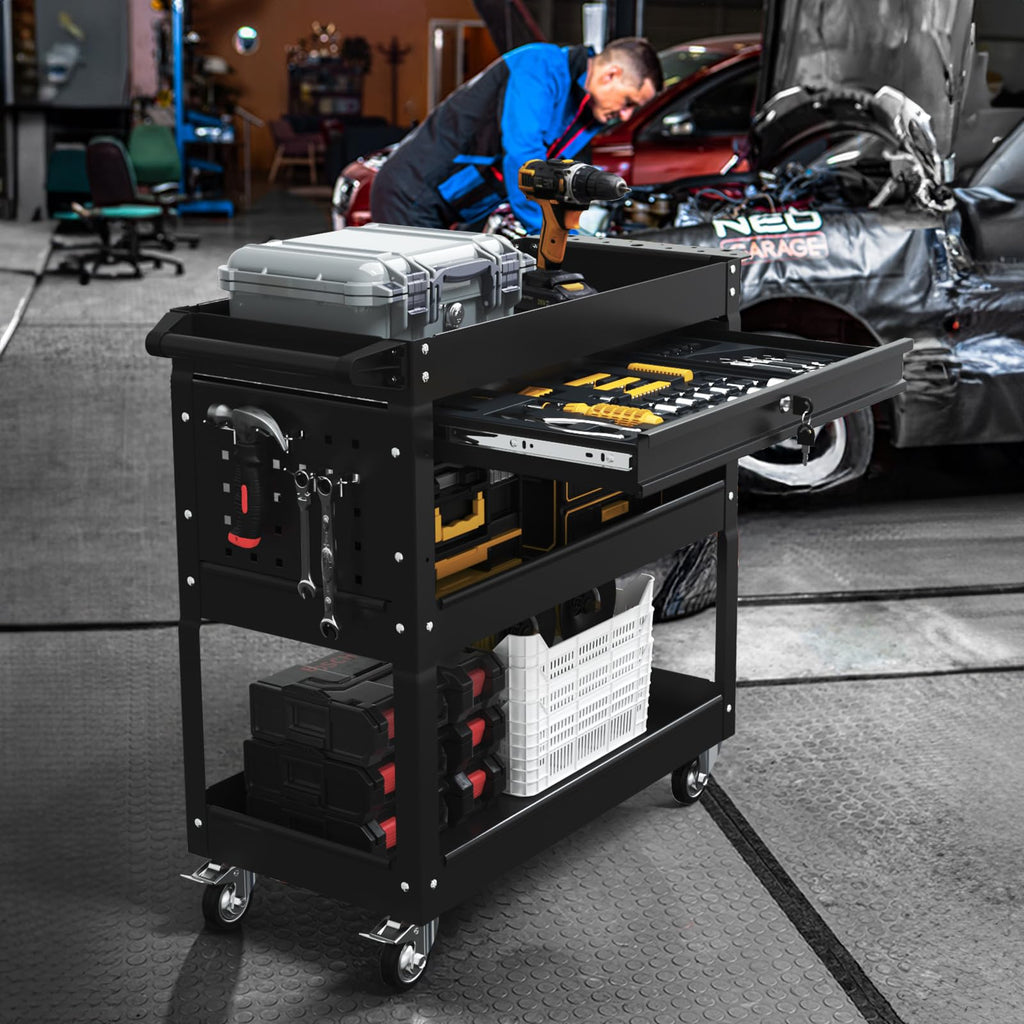 3-Tier Rolling Utility Cart, Metal Tool Cart on Wheels with Lockable-Black