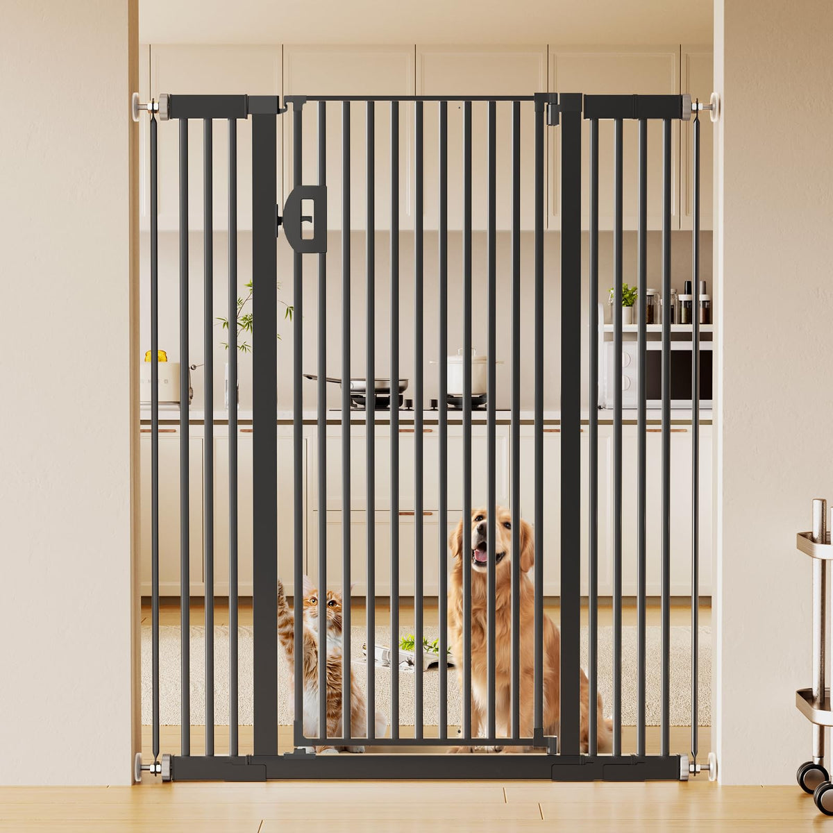 57" x 29.5-43" Wide Extra-Tall Full-Height Anti-Jump Cat & Pet Safety Gate with No-Drill Pressure Mount & Auto-Close Walk-Through Door