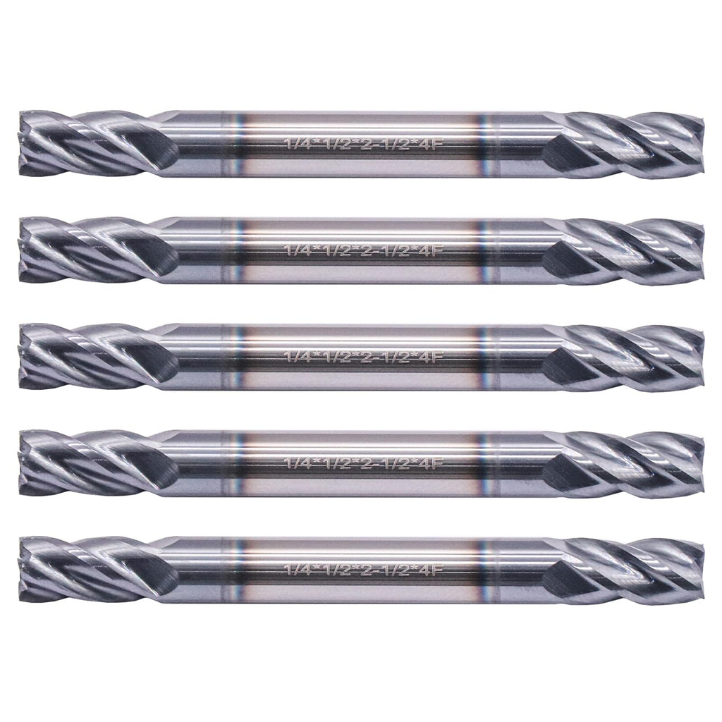 5Pcs 1/4" 4 Flute Solid Carbide Square End Mill - Double End - AlTiN Coated