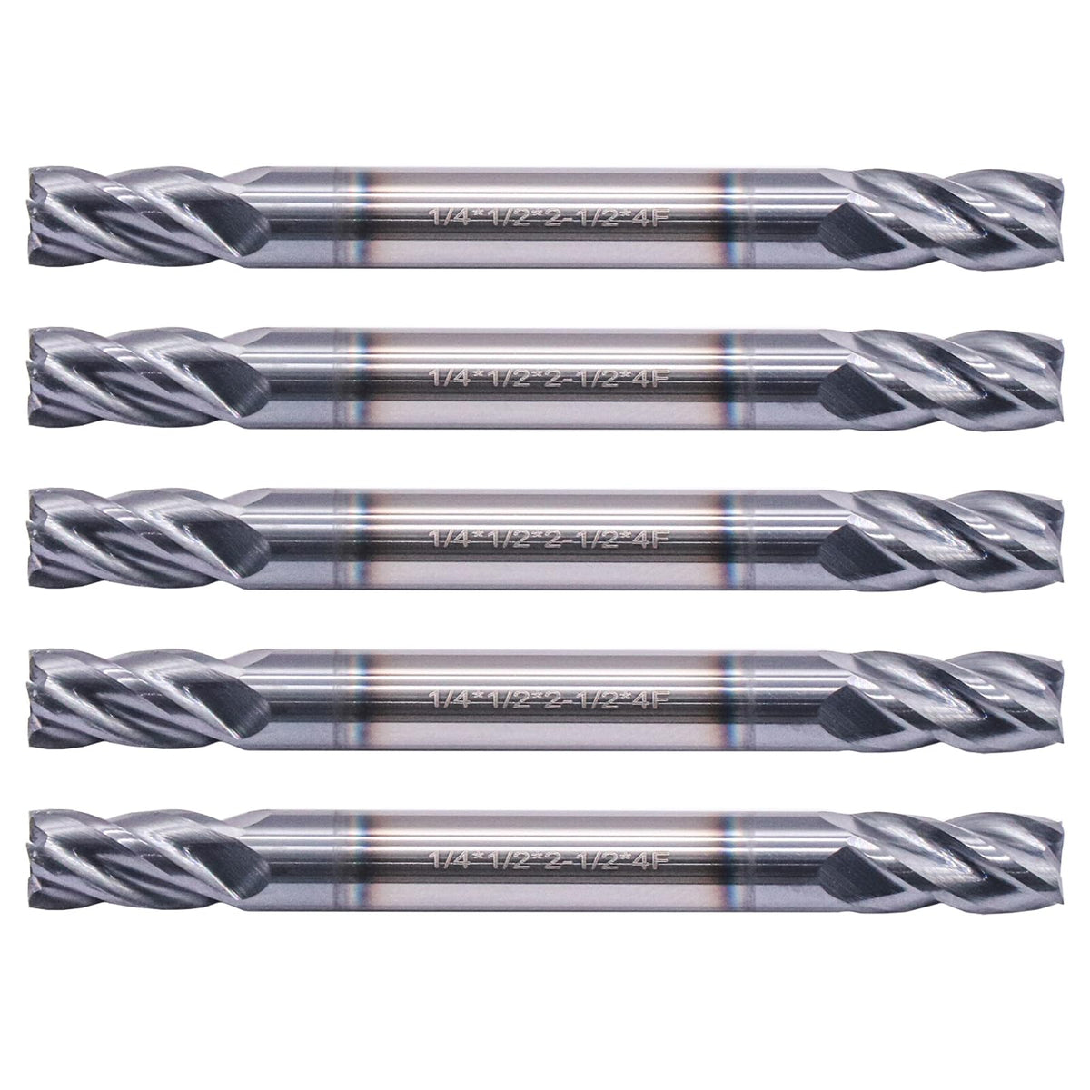 5Pcs 1/4" 4 Flute Solid Carbide Square End Mill - Double End - AlTiN Coated