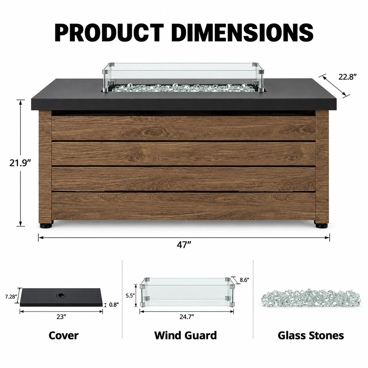60000 BTU Outdoor Rectangular Propane Fire Pit Table, Brown, 47 in