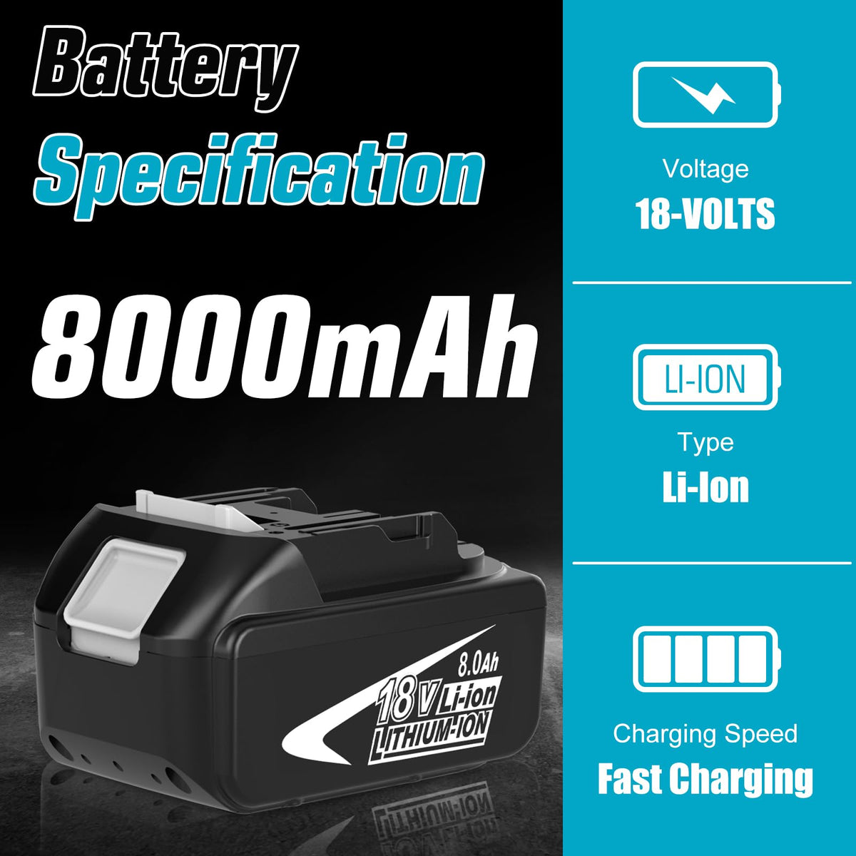 2-Pack 8.0Ah BL1860B Replacement for Makita 18V Battery with LED Light