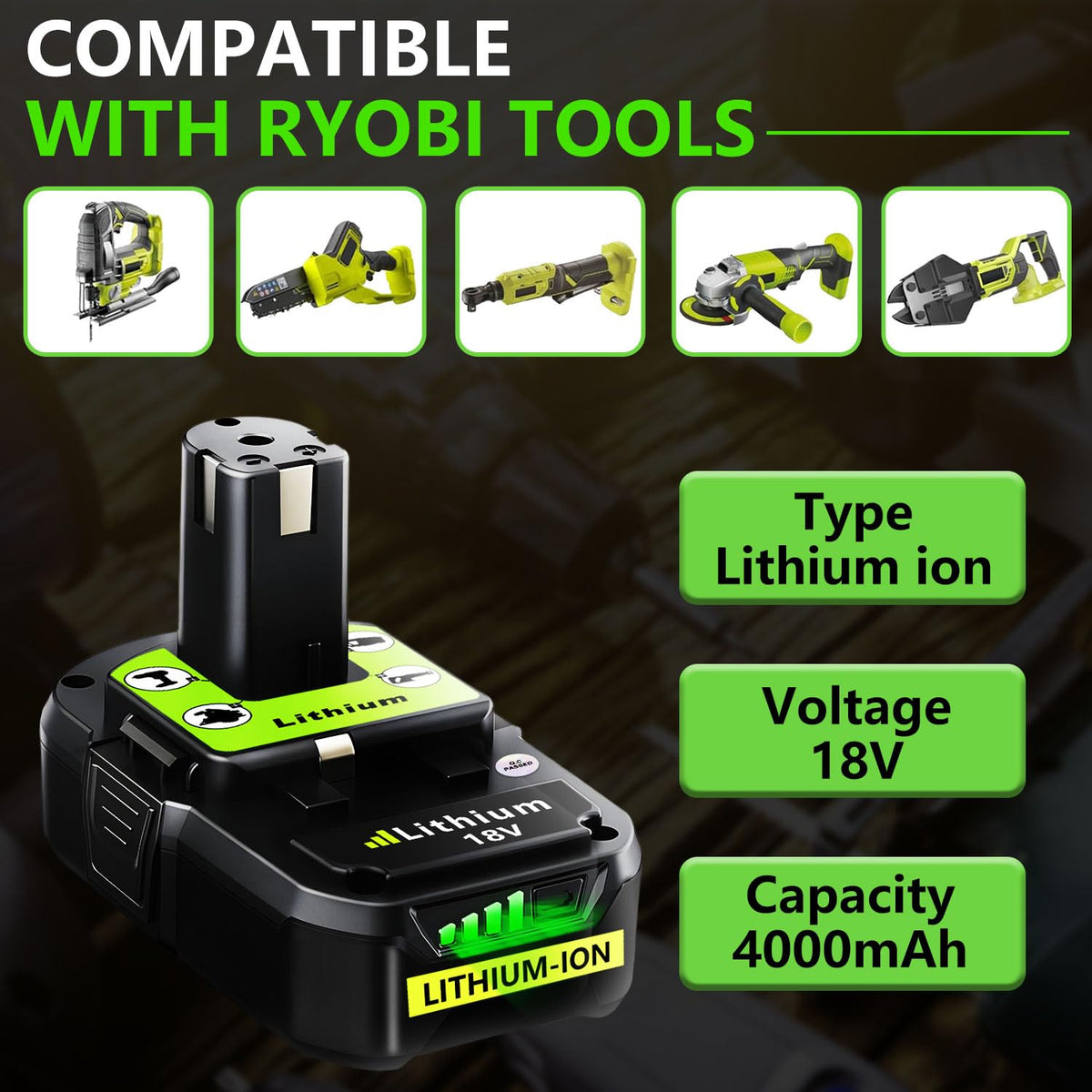 Replacement Compatible with Ryobi 18V Battery 4.0Ah Lithium 1 Pack