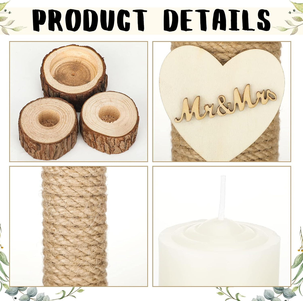 3 Pcs Rustic Unity Candles for Wedding Ceremony Set Mr and Mrs Burlap 1(5.9'') Pillar 2(9.8'') Taper Candles for
