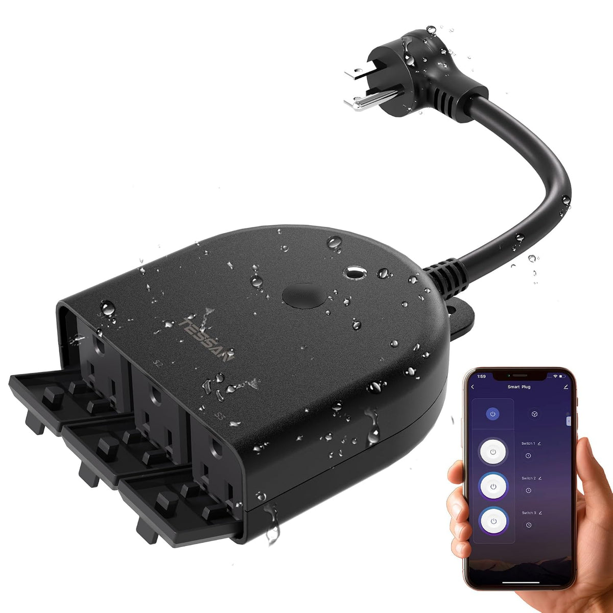 Outdoor Smart Plug Waterproof, 2.4GHz WiFi Only | 15A/1875W Heavy Duty, 3 Individual Sockets, Compatible with Alexa