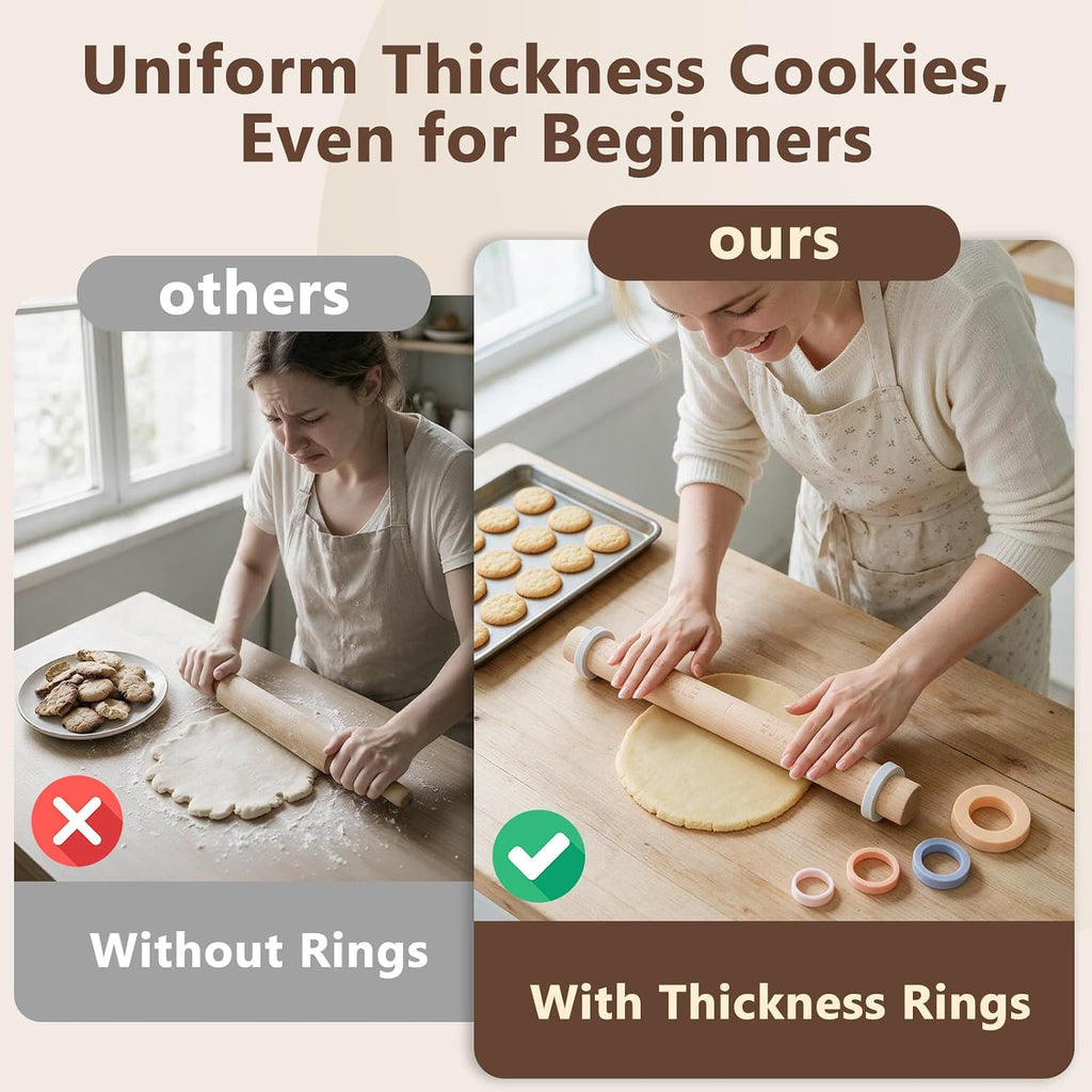 Wood Rolling Pin with Thickness Rings: Adjustable Dough Roller for Baking