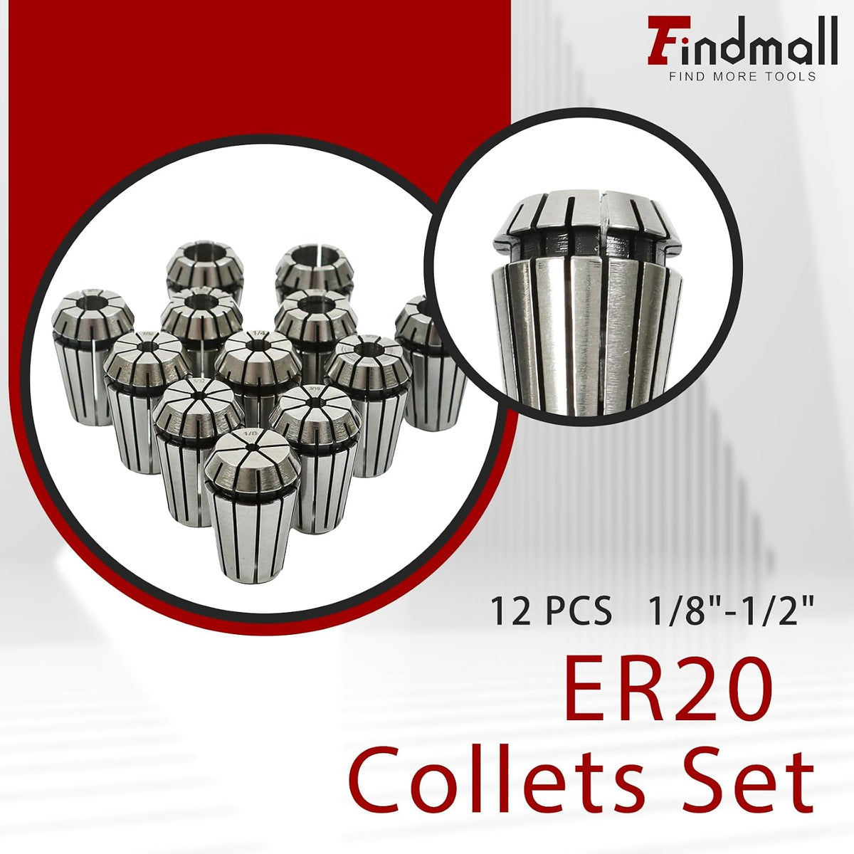 findmall 12 PCS 1/8"-1/2" ER-20 Collets Set