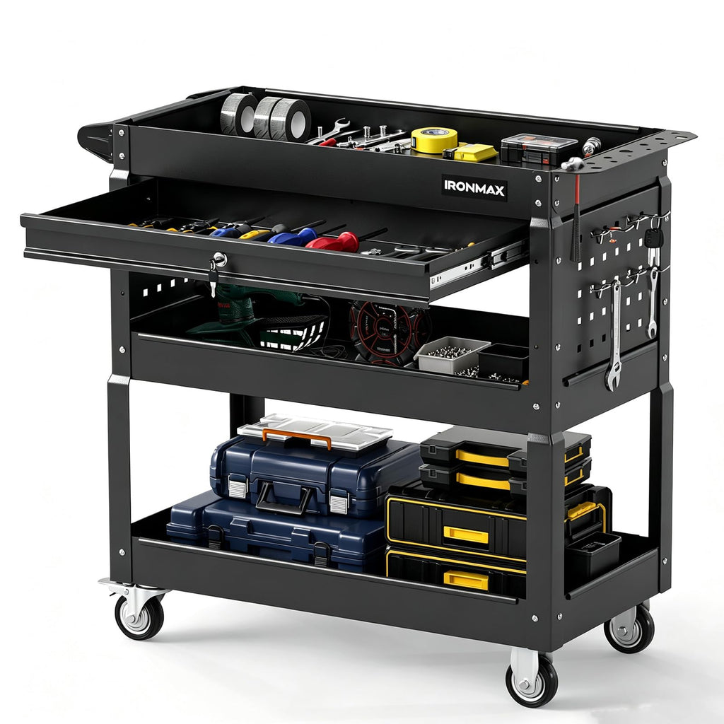 3 Tier Tool Cart on Wheels with Lockable Drawer, 350 LBS Load