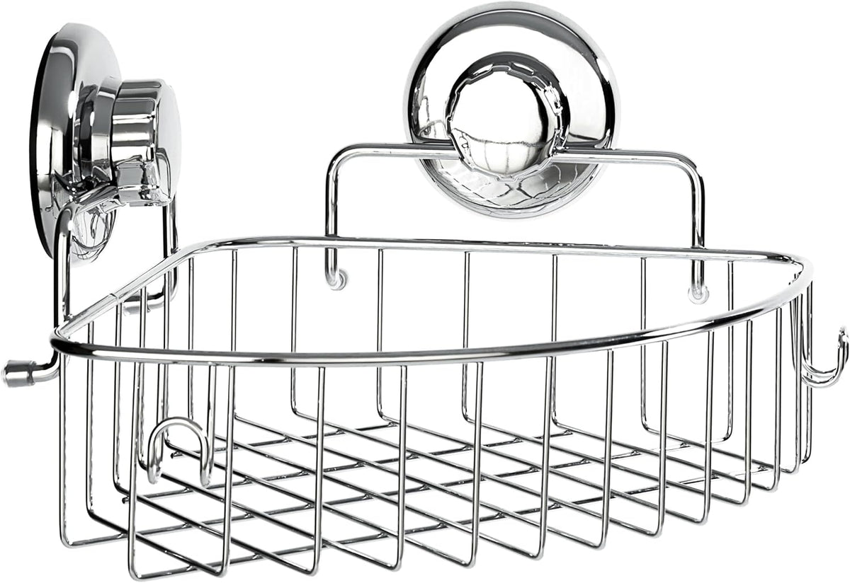 Corner Shower Caddy with Suction Cups and 3M Adhesive Mounting Discs for porous surfaces - Stainless Steel Basket for