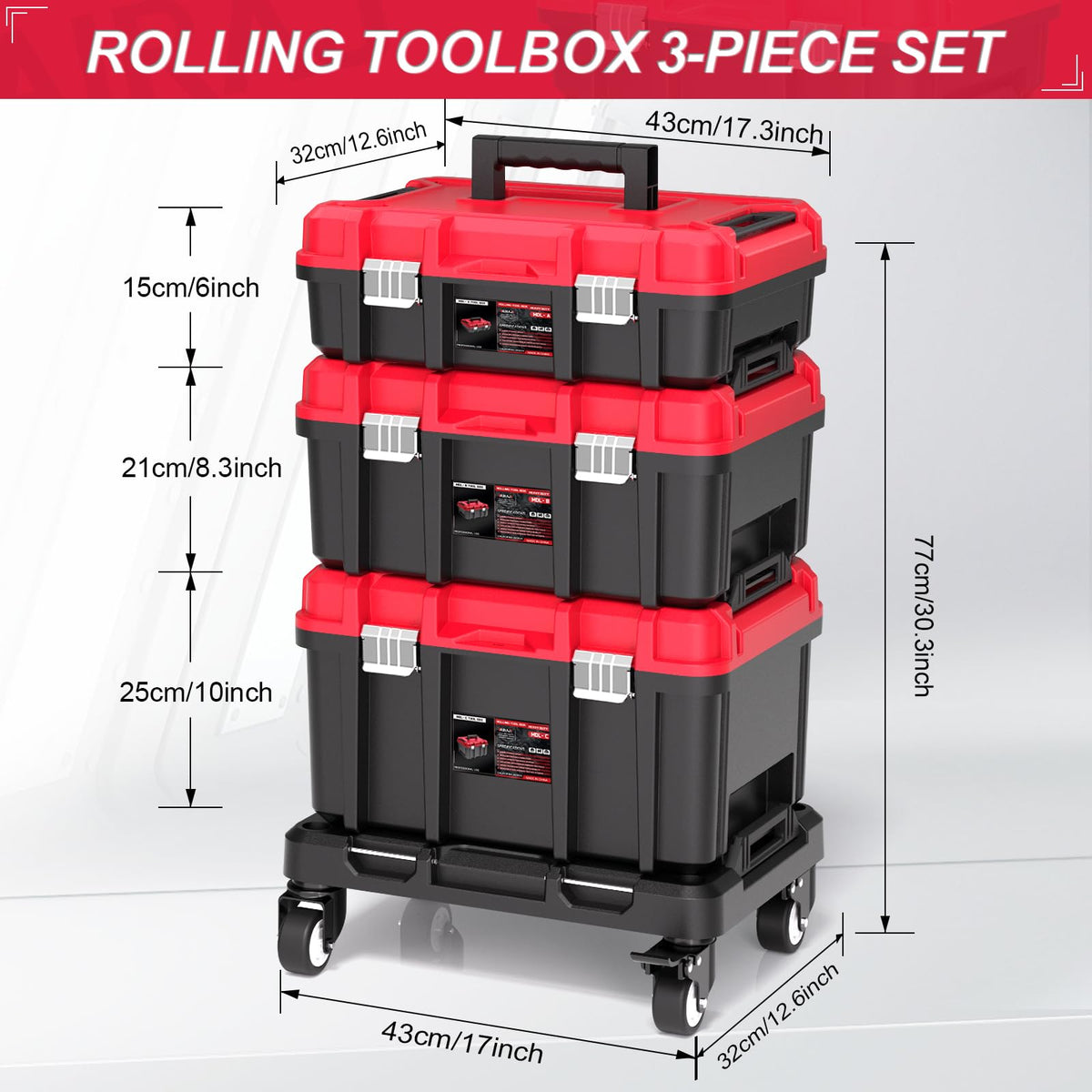 3-in-1 Stackable Rolling Tool Box with Wheels, Modular Tool Organizer