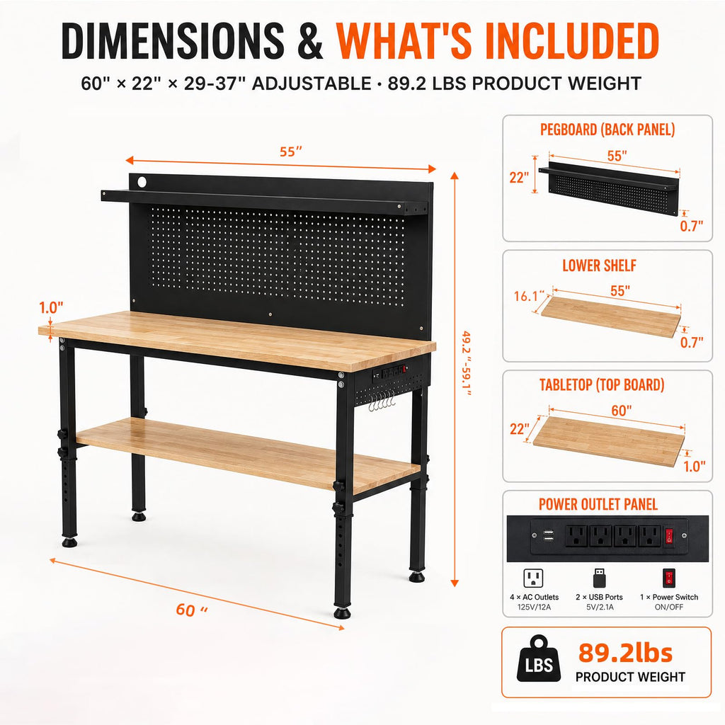 60'' Adjustable Workbench, Shelf & Pegboard, 2000 LBS Load, Rubber Wood Top