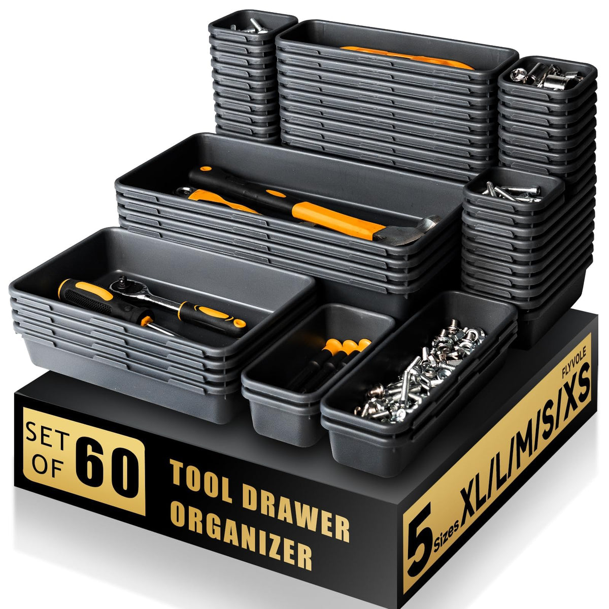Tool Box Organizer Tray, 60 PCS & 5 Sizes, Black