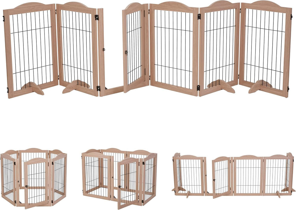 Freestanding Solid Wood 360° Configurable Pet & Dog Barrier Gate with Walk-Through Swing Door for Wide Indoor Openings, Hallways & Stairs