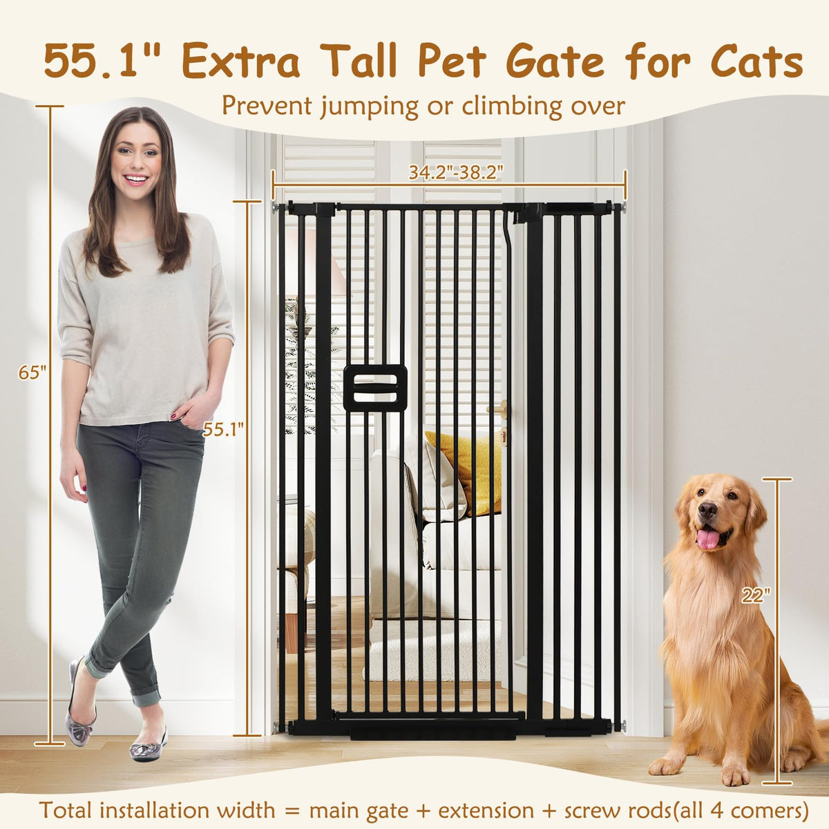 34.2-38.2" Wide Extra-Tall Full-Height Anti-Jump Cat & Pet Safety Gate with No-Drill Pressure Mount & Auto-Close Walk-Through Door