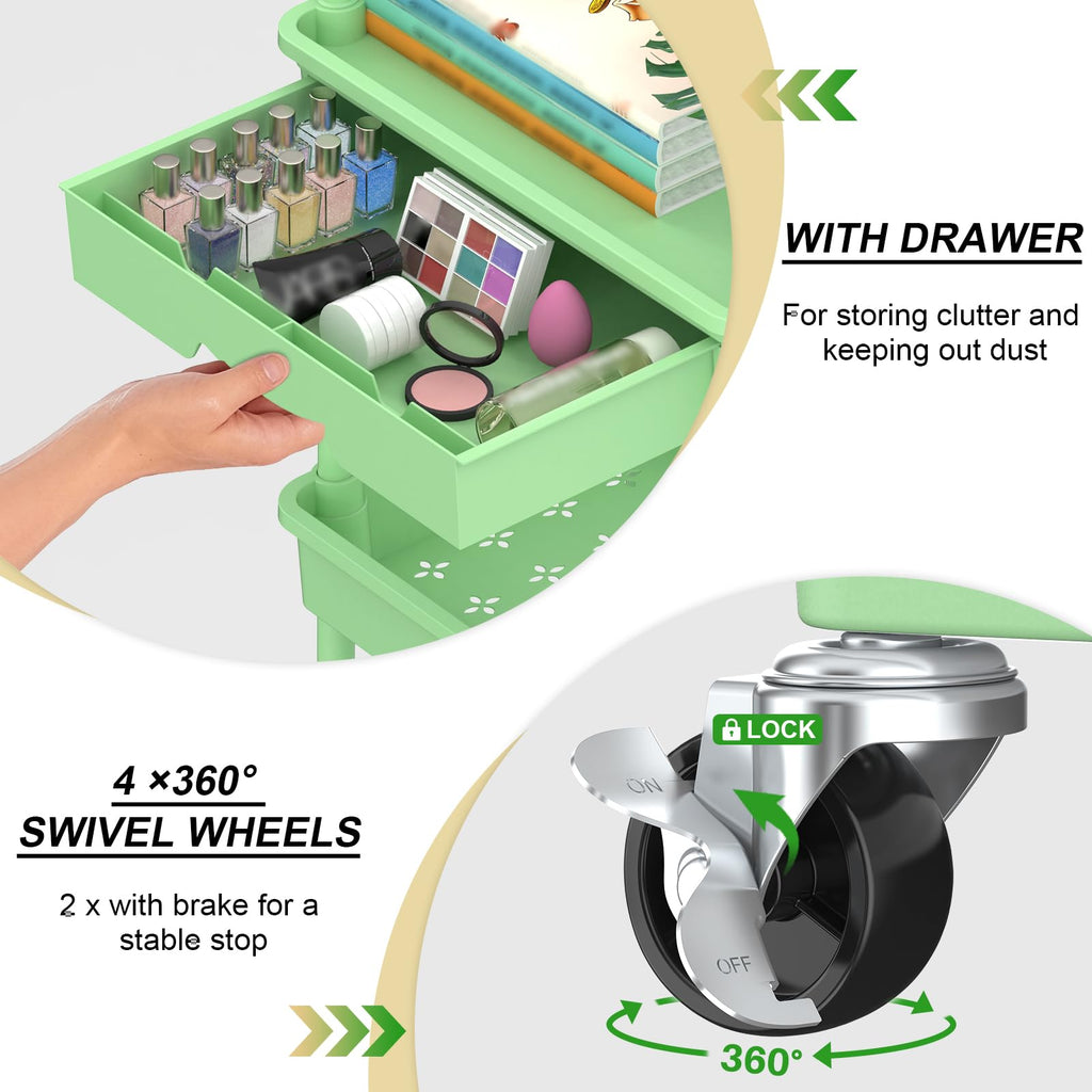 3 Tier Rolling Utility Cart Organizer with Removable Drawer, Green