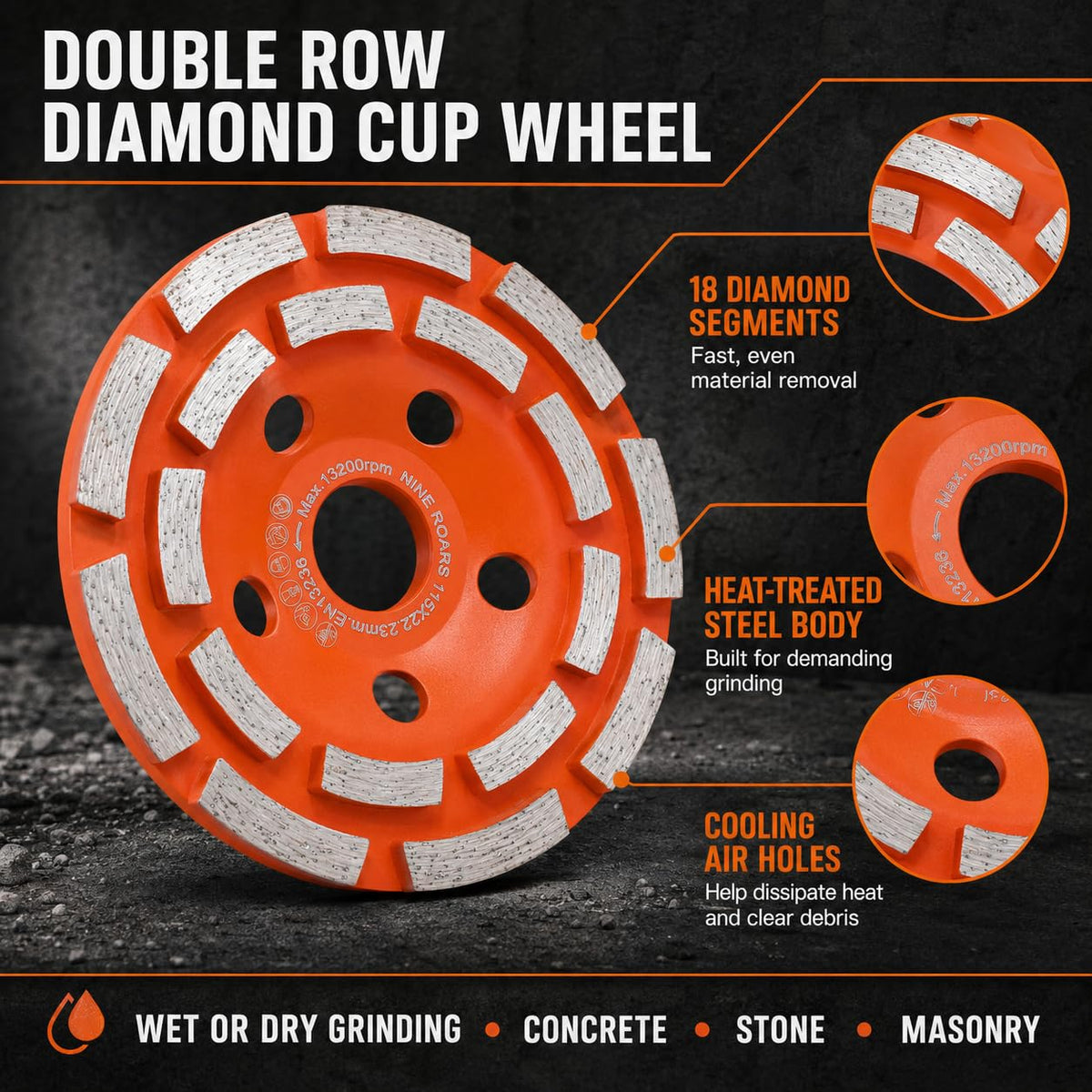 4.5 Inch Double Row Diamond Cup Wheel for Concrete Grinding, 18 Segments
