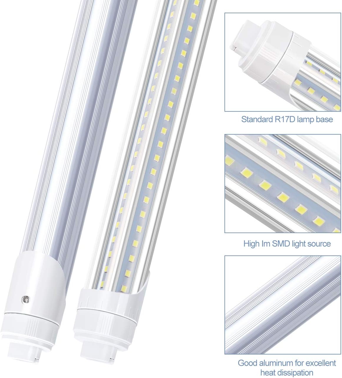 R17D/HO 2 Pin LED Tube Light, 8 Foot, 90W Rotate V Shaped,T8 T10 T12 8FT LED Bulb,6000K Cold White, 10000LM, Clear Cover, (Replacement for F96T12/CW/HO 180W), Ballast Bypass,Dual-End Powered