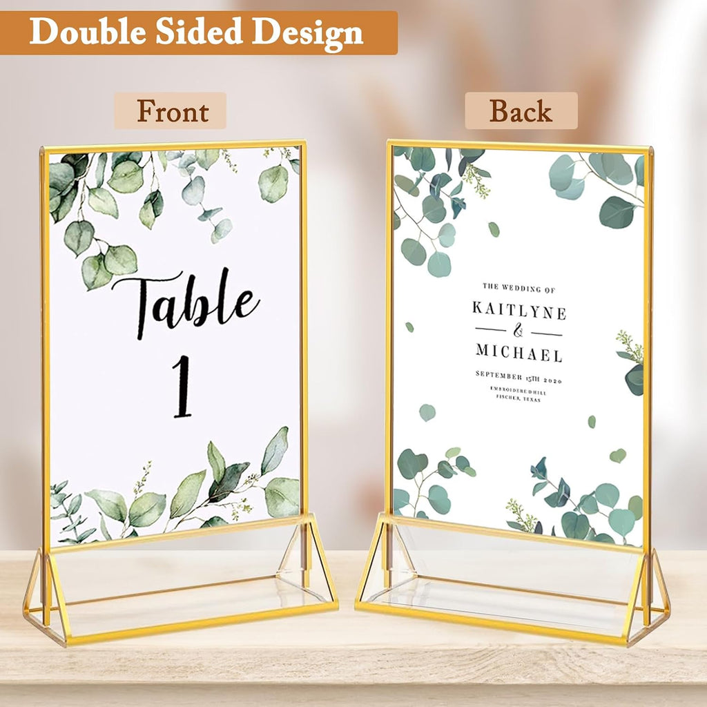 6 Pack 5x7 Inch Clear Acrylic Sign Holders, Gold Border Double-Sided Vertical Picture Frames & Display Stands for