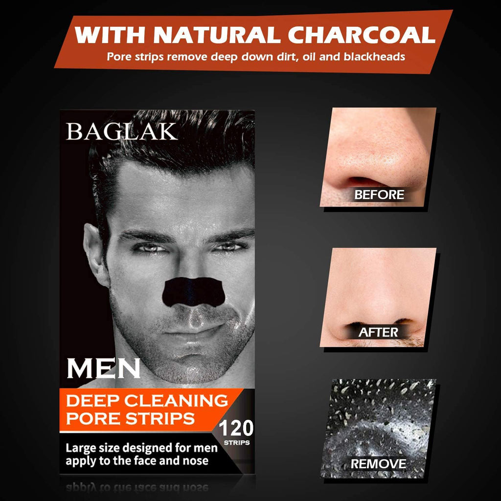 Men Blackhead Pore Strips - 120 Strips - Deep Cleansing - Face Nose Pores - Blackheads Removal - Large Size For