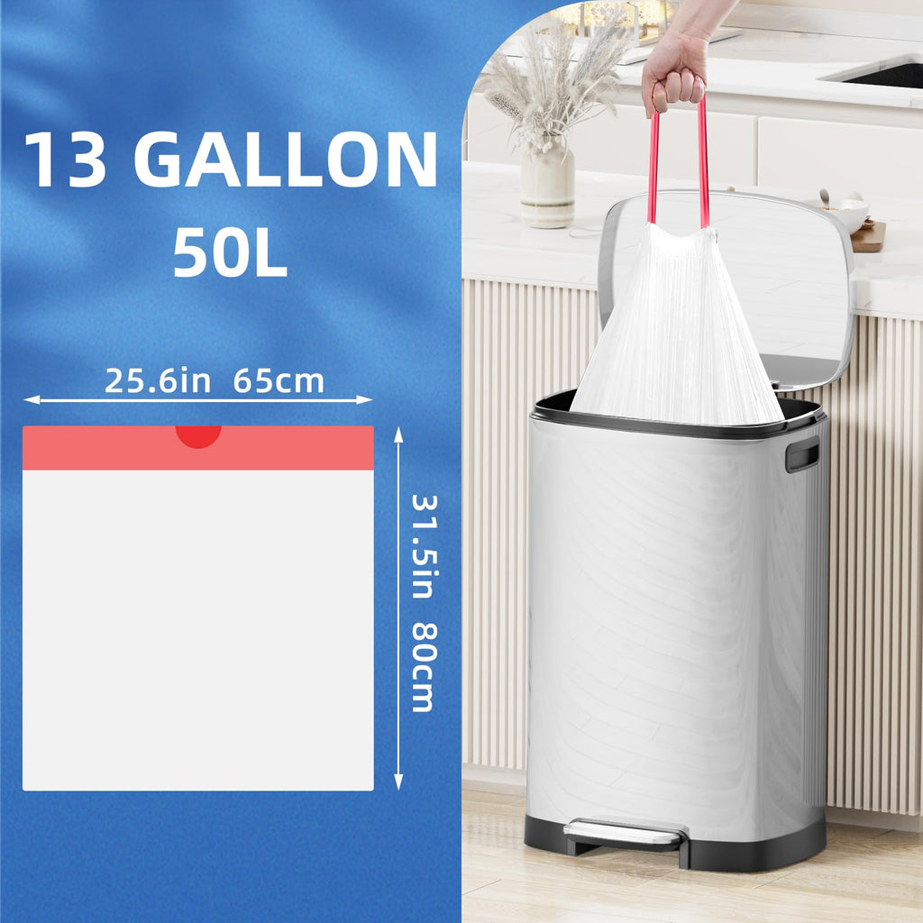 13.2 Gallon Tall Kitchen Drawstring Trash Bags, 200 Count Pre-separated Garbage Bags, Unscented, Leak Proof, Waste