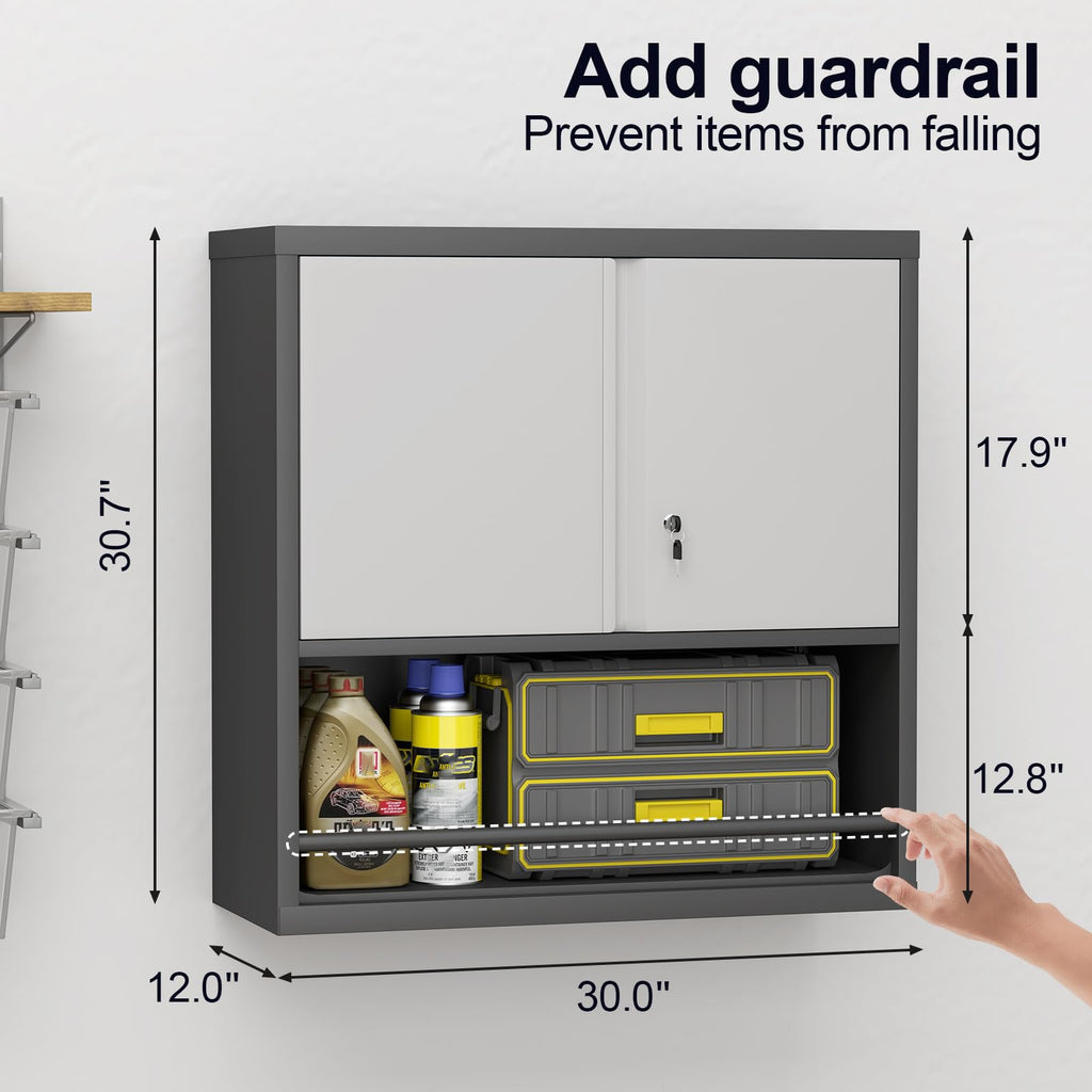 Locking Metal Wall Mounted Garage Storage Cabinet with Doors and Shelves