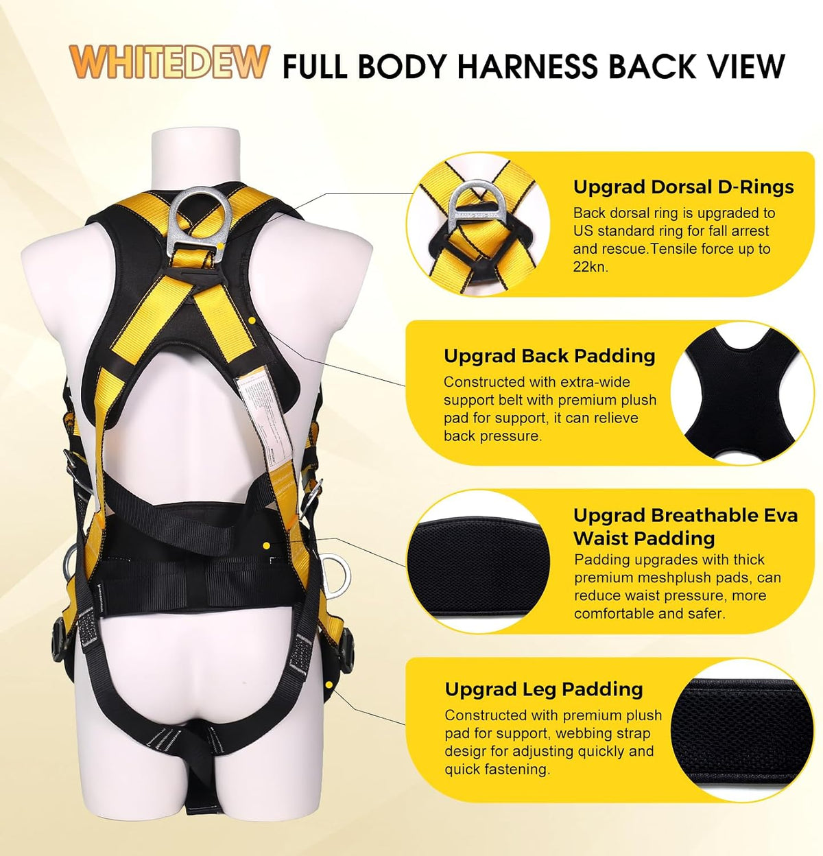 Fall Protection Premium Safety Harness with Shock Absorbing Lanyard, Vented & Padded Shoulder, Legs & Back - Upgrade
