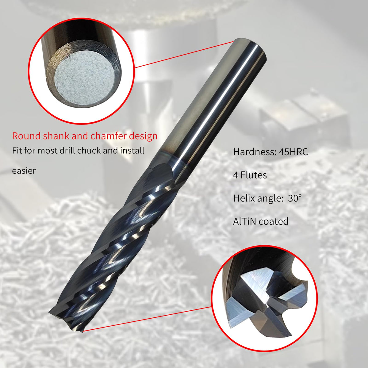 1/2" Carbide End Mill, Extra Long, 4" Overall Length, 4 Flute, AlTiN Coated