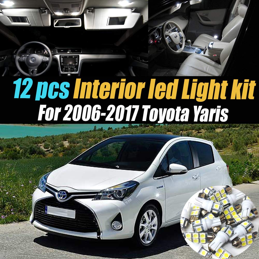 12Pc Super White 6000K Interior LED Light Bulb Kit Package Compatible with 2006-2017 Toyota Yaris